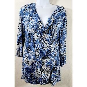 Dana Buchman Blue Black White Abstract Print Ruched Crisscross Bodice Top Medium